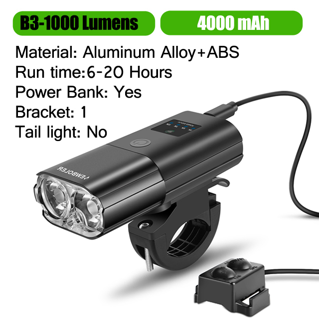 Bicycle Light 1000Lumen 4000mAh Bike Headlight Power Bank Flashlight Handlebar USB Charging MTB Road Cycling Highlight